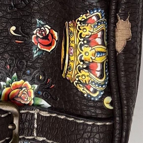 Vtg Red by Marc Ecko Sz 7"x5"x2" Handbag Clutch Buckles Brown Roses Crown Birds - Picture 14 of 16